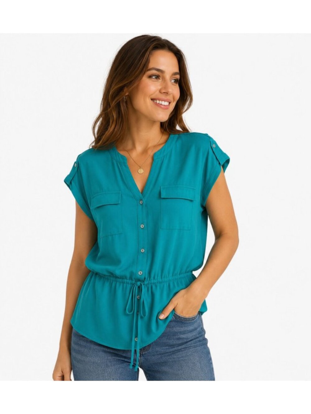 Alfani Size Small Basic V-Neck Blouse Elastic Waistband Roll Sleeves Women's